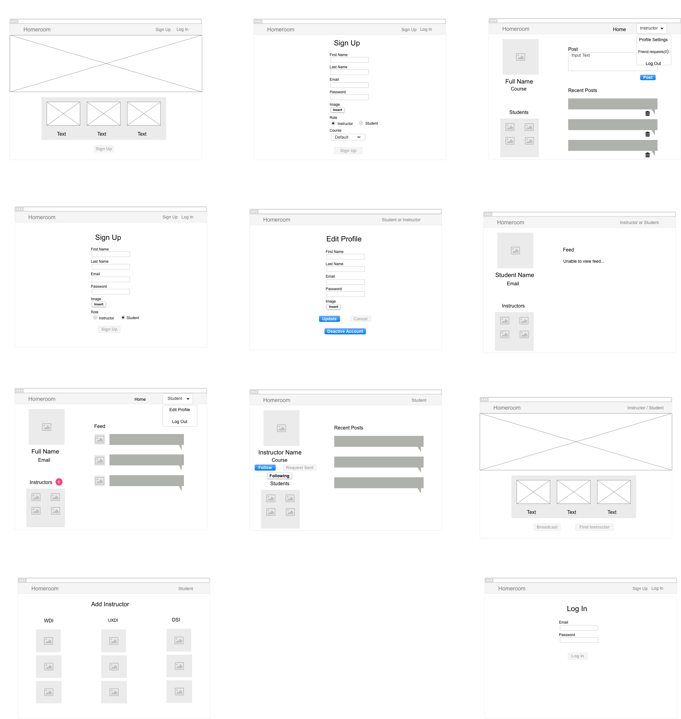 wireframes for HomeRoom: