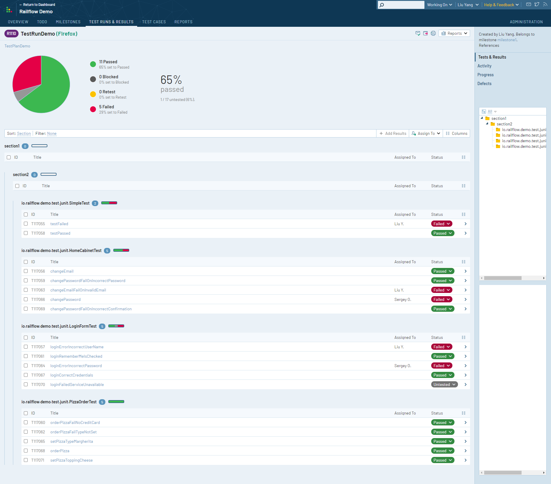 Example result in TestRail