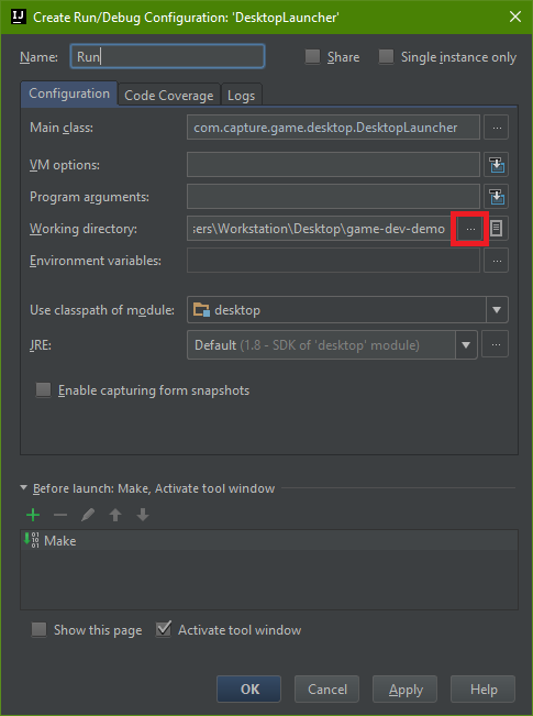 Change the Working Directory to the assets folder in the folder labeled core/assets and press OK