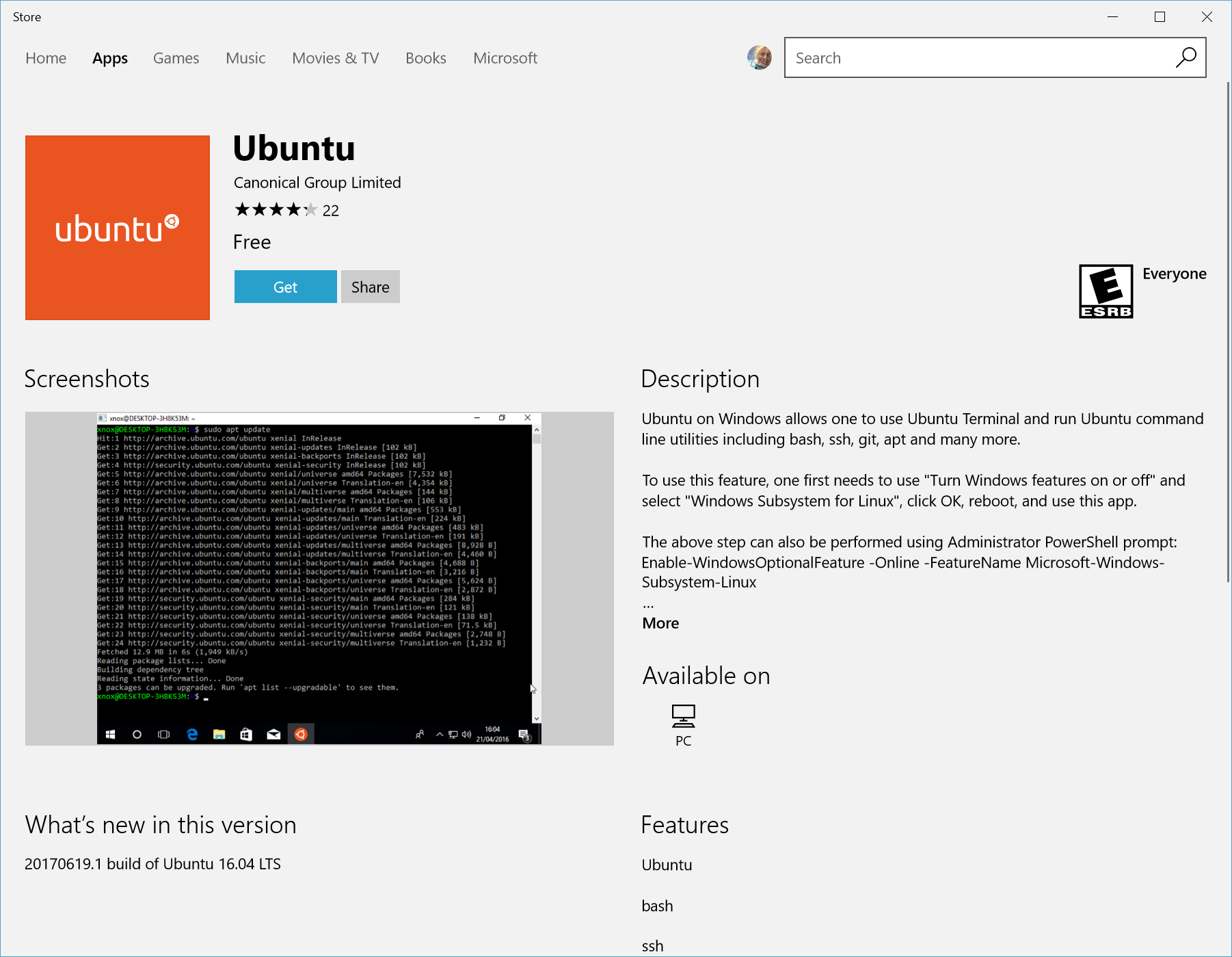 Screenshot showing the "Ubuntu" store page