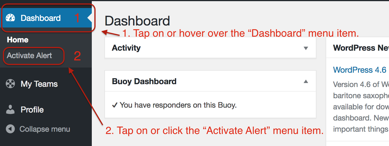 Screenshot of accessing the "Activate Alert" menu item from the Dashboard menu.