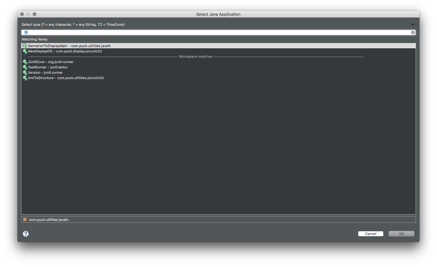 Sur la fenêtre intitulée Select Java Application sélectionnez GenrationToDisplayMain - com.puck.utilities.javafx. Puis cliquez sur le bouton OK.