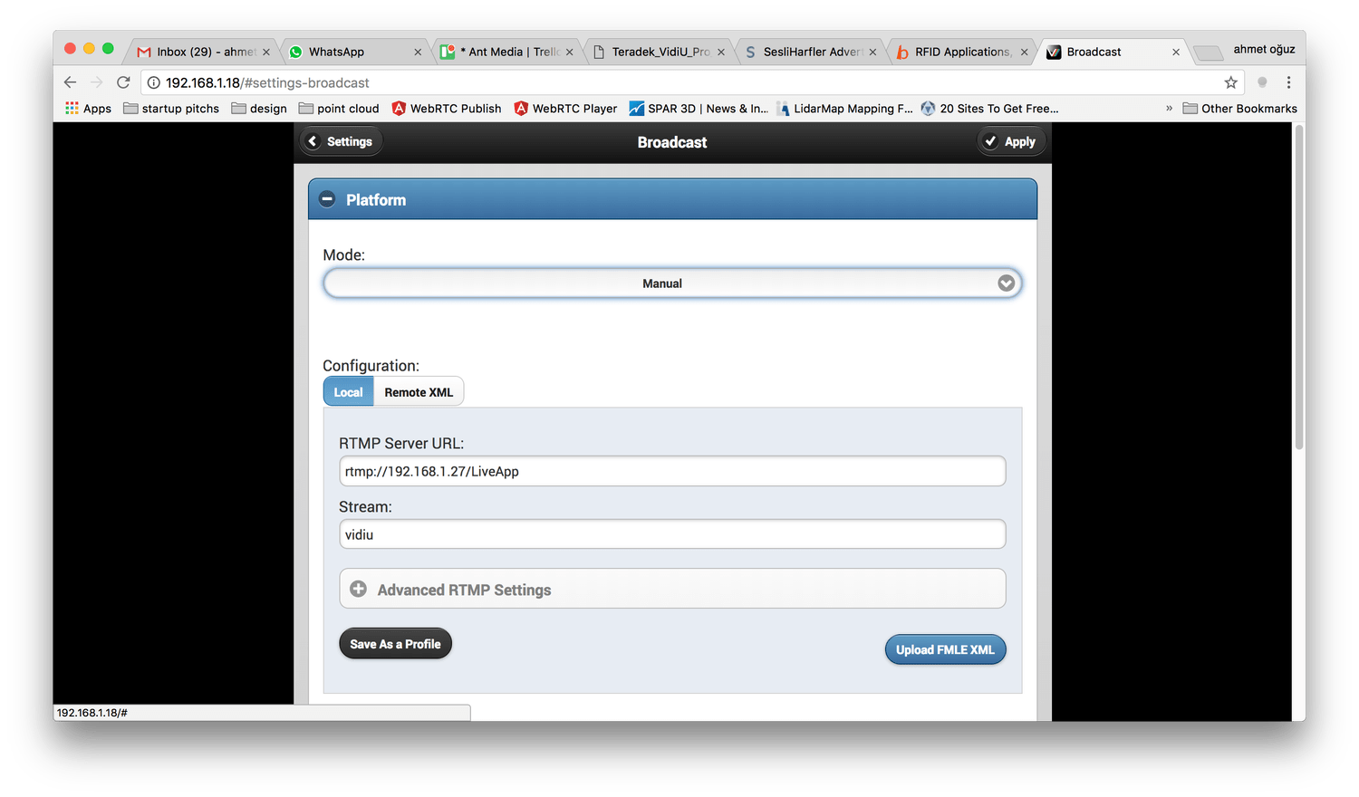 Write Ant Media Server URL on Teradek Vidiu Pro broadcast configuration