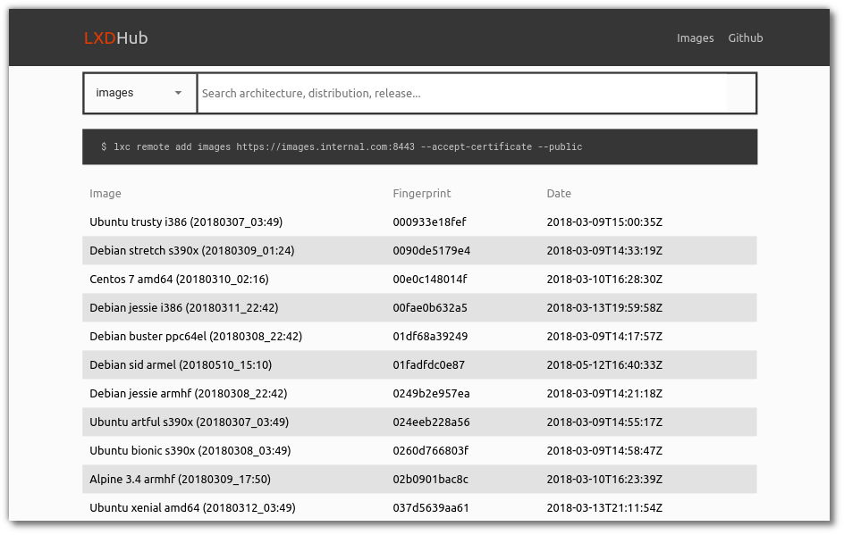 LXDHub Image Overview Screenshot