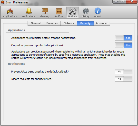 Snarl security configuration