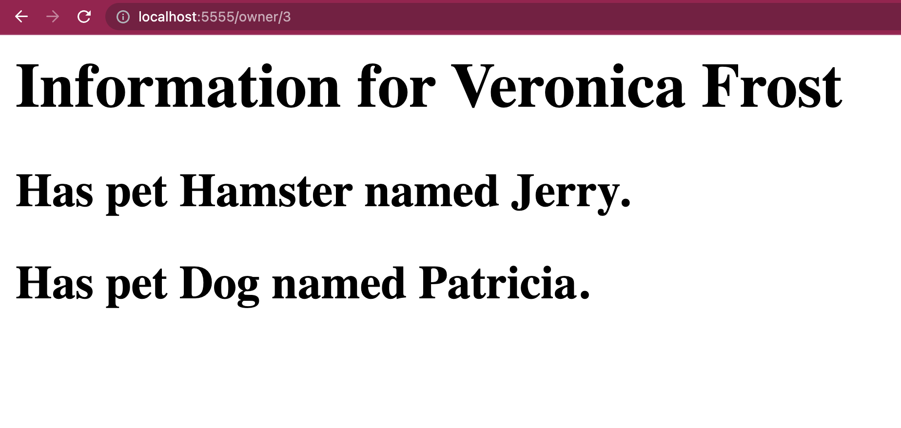 Veronica Frost has a hamster named Jerry and a Dog named Patricia