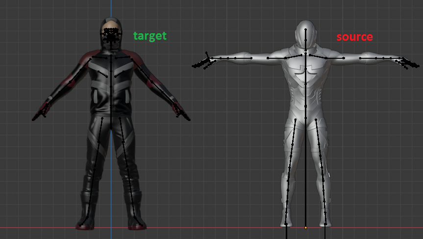 Both armatures in rest pose next to each other, scaled to be same height