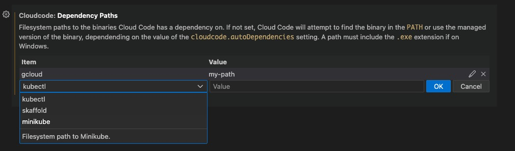 A dropdown list of dependencies to add custom paths to.