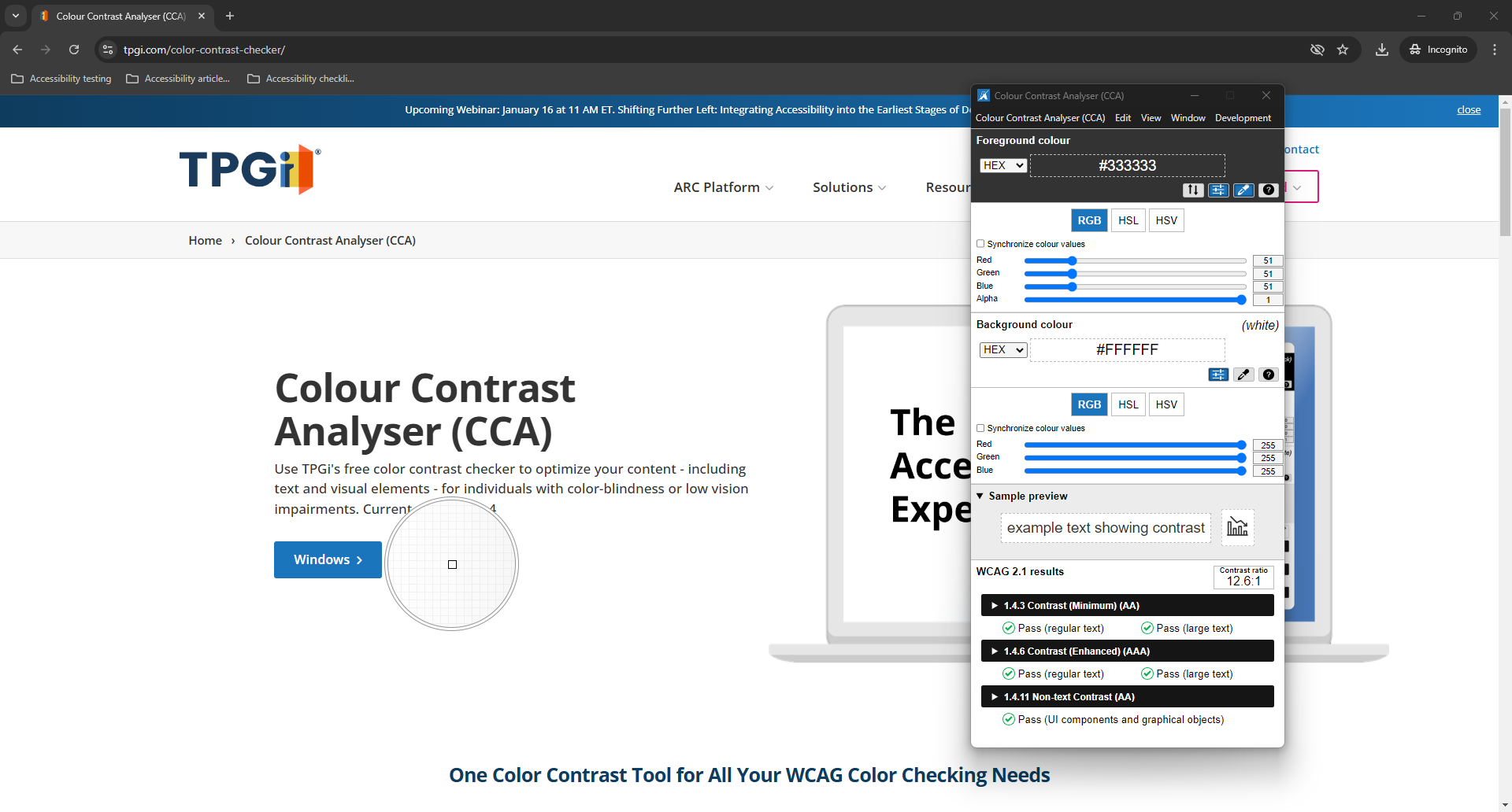 Screenshot of TPGI where the pointer is located on the Mac button, however, the color is white, this color is closer to the one that appears at the edge of the Colour Contrast Analyser tool