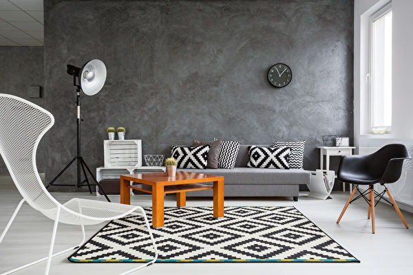 Grey Interior With Sofa Chairs Standing Lamp Small Wood Table