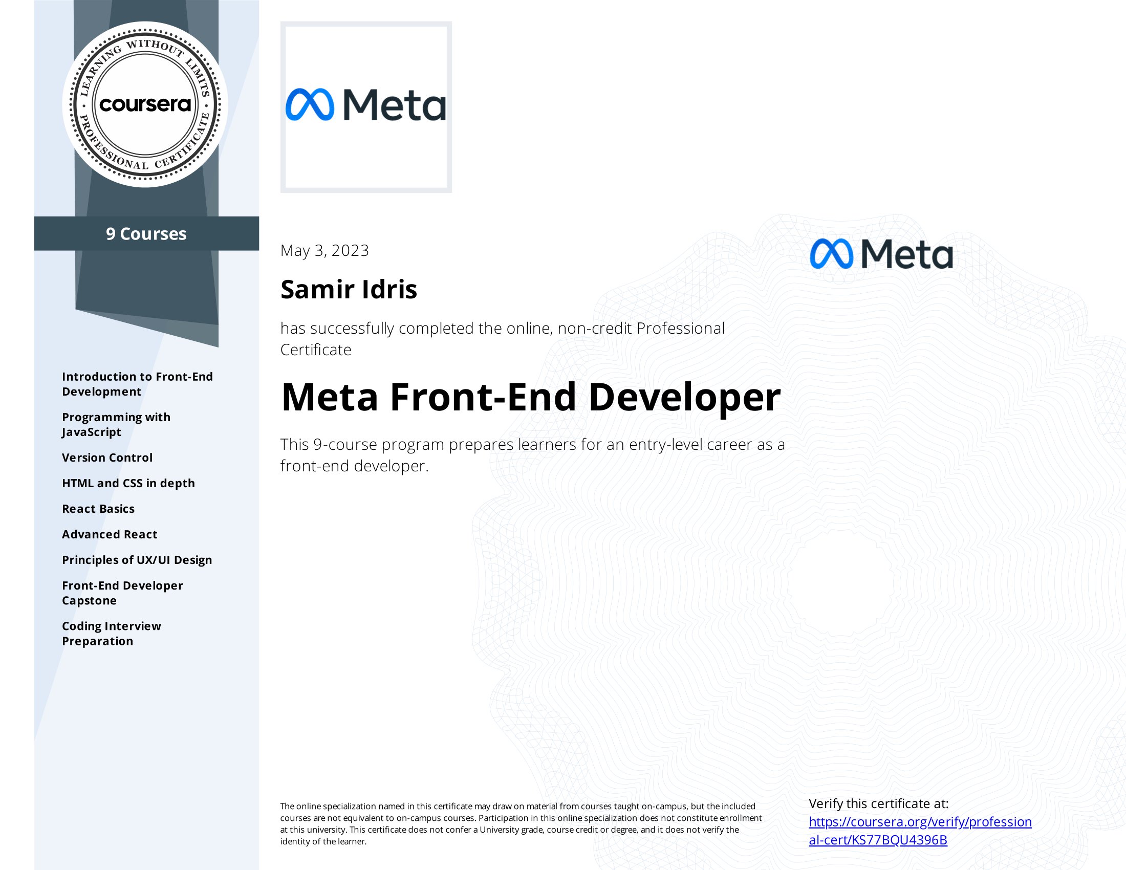 Meta Front-End Developer Certificate.