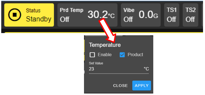 Setting new temperature value via the temp tab