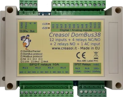 DomBus38 smart home module with 12 inputs, 1 AC input, 6 SPDT relay outputs + 2 SPDT relay outputs 10A