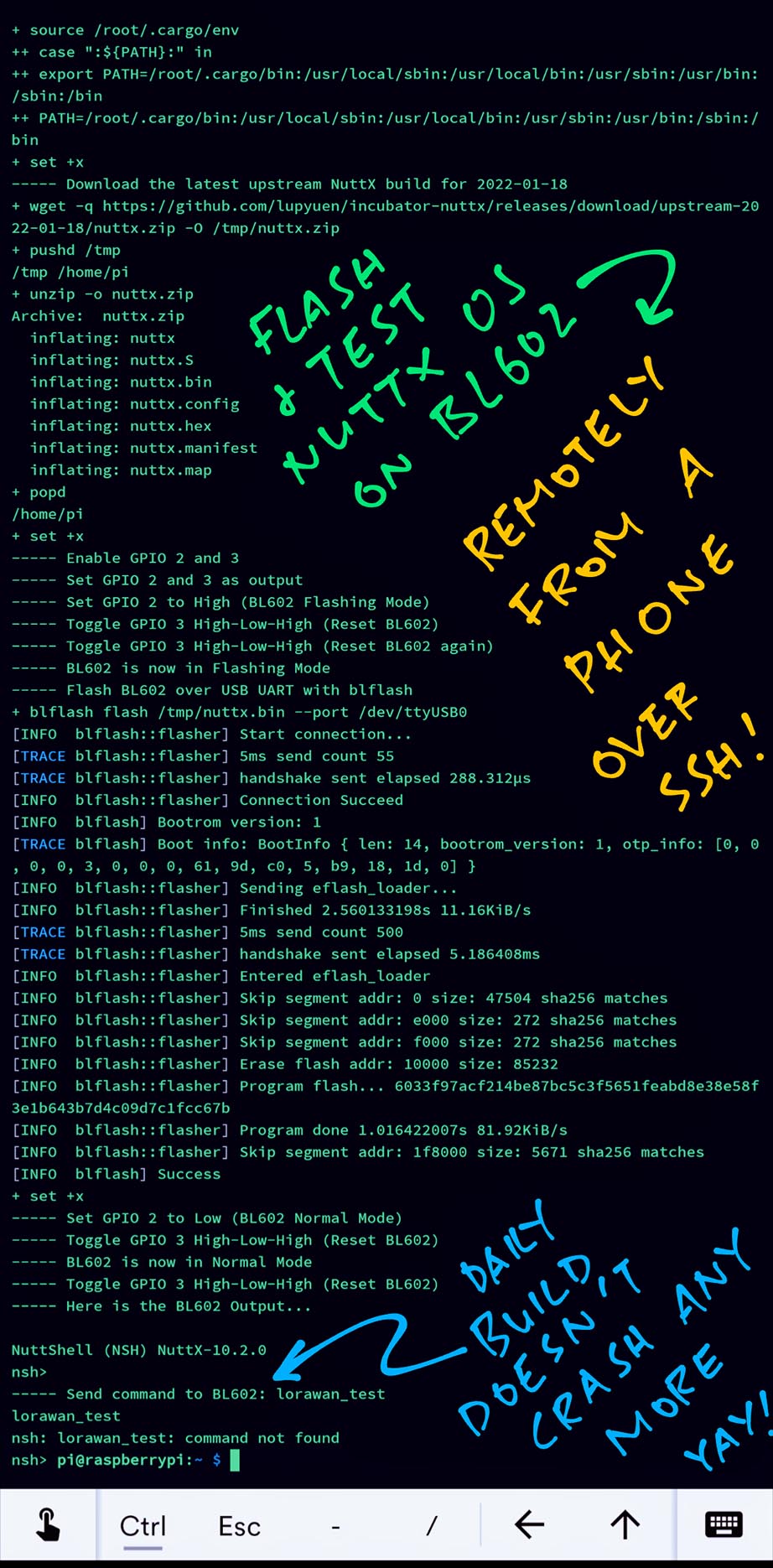 Flash & Test NuttX on BL602... Remotely from a Phone!