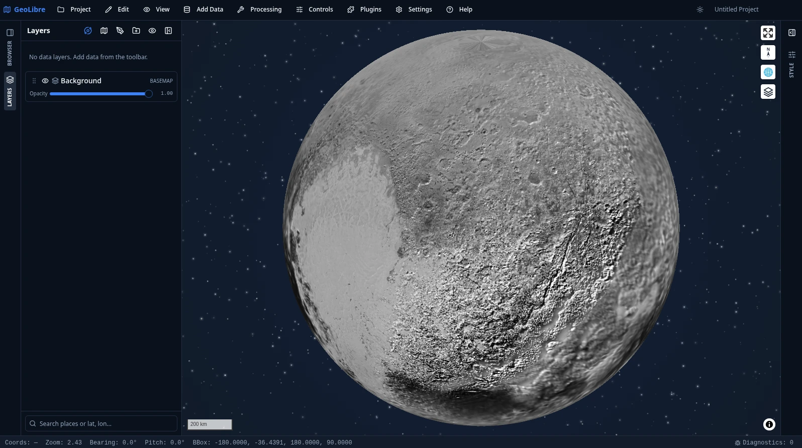 GeoLibre globe view of Pluto over a starfield backdrop