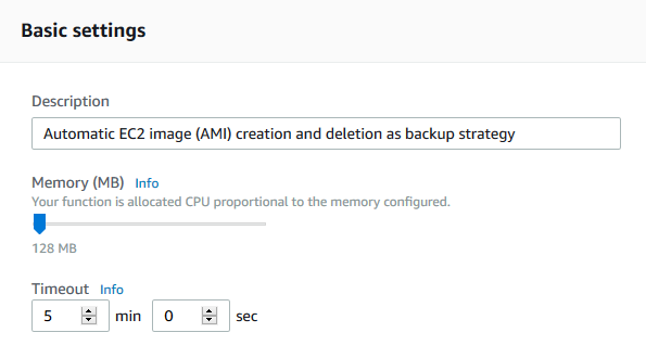 Lambda Function Basic Settings Sample Screen