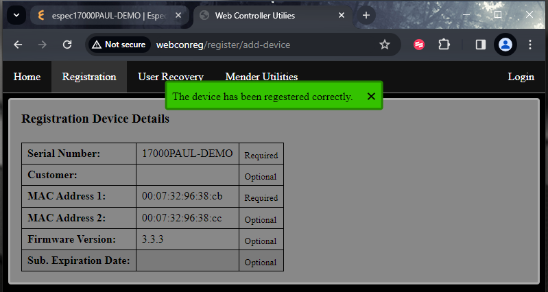 Device registration is complete