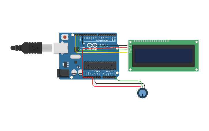 circuit showing an arduino uno, an lcd screen and a potentiometer. These components were used with an Open Space 3D application