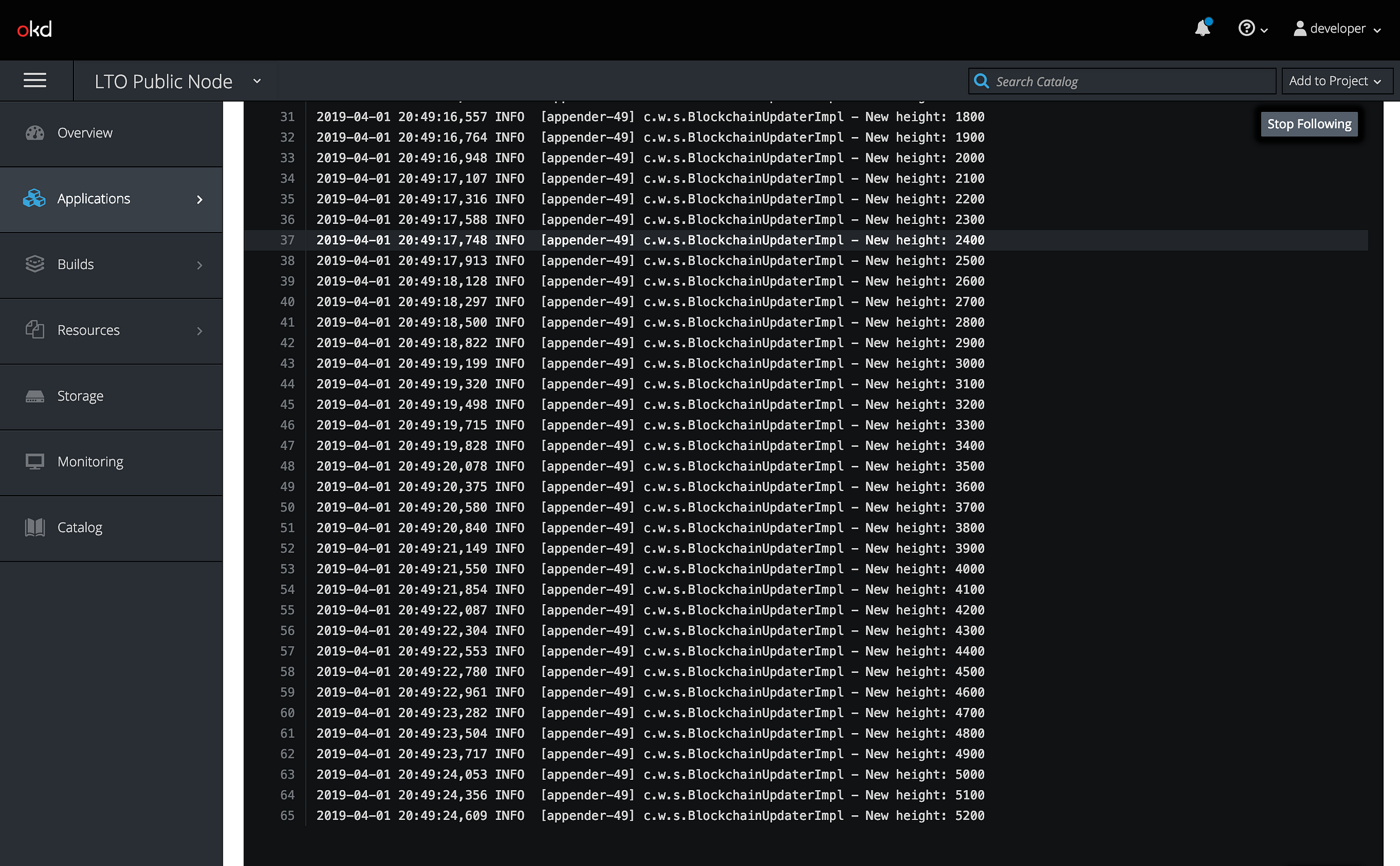 OKD and our container’s logfile showing the sync of the blockchain