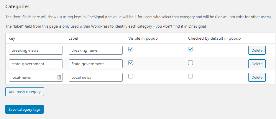 A list of categories showing the fields below