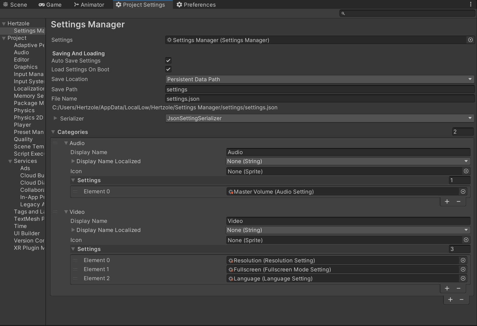 Settings Manager in project settings