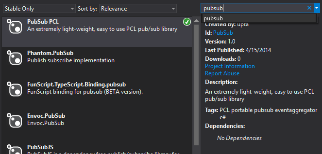 nuget dialog image for PubSub PCL