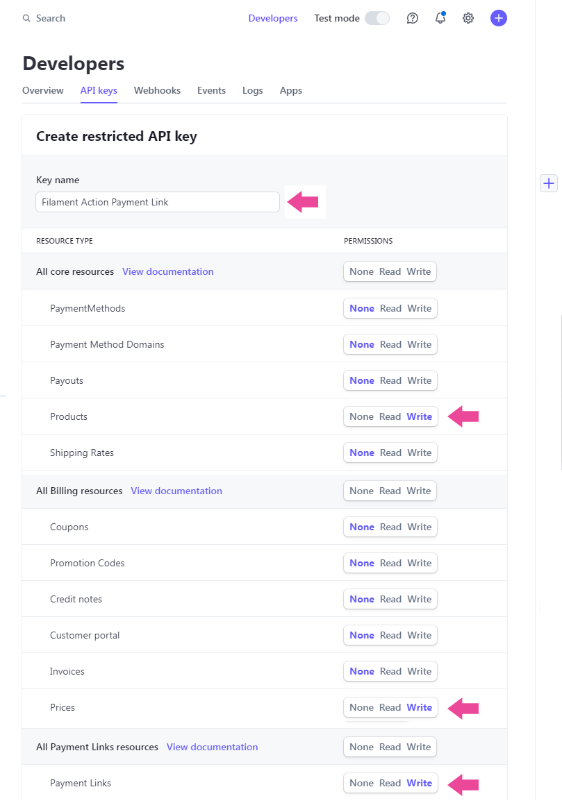 Stripe Dashboard restricted API key