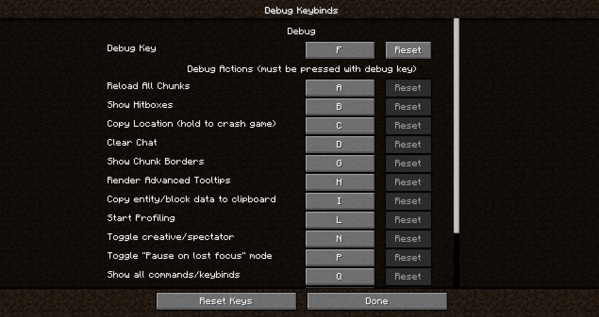 debug keybinds screen