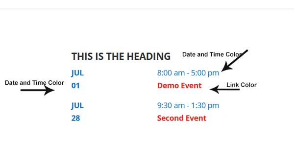 Upcoming Events for Divi - Tribe Ext  Screen shot with descriptions 