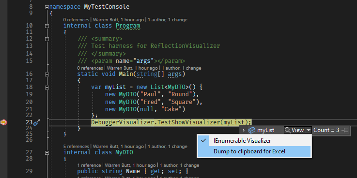 IDE screenshot showing new visualizer option