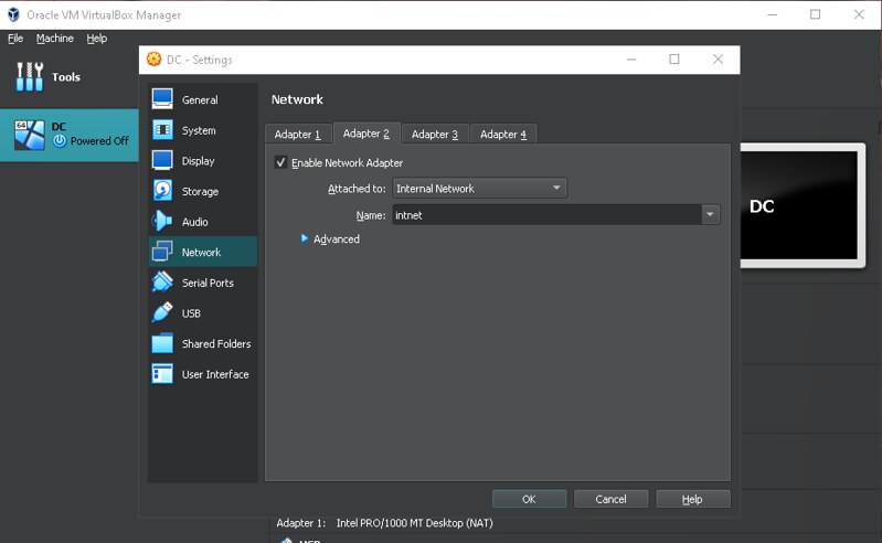 Settings - Network - Adapter 2 - Internal Network