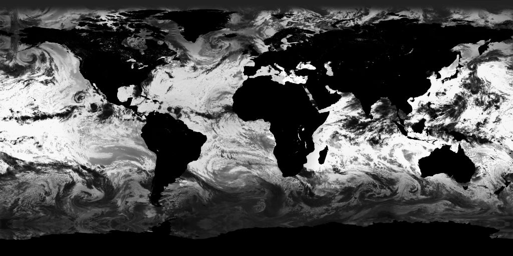 A flat map of Earth with clouds and the Earth's surface in black and the sea in white