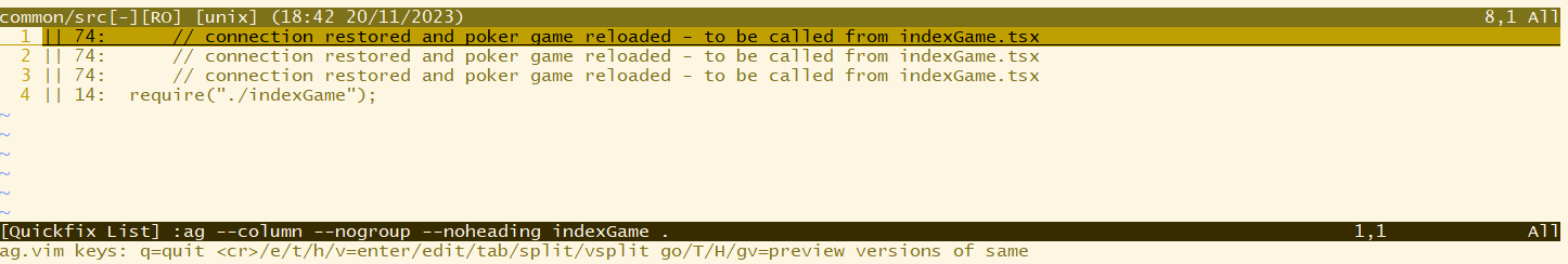Results panel in Vim + Silver searcher