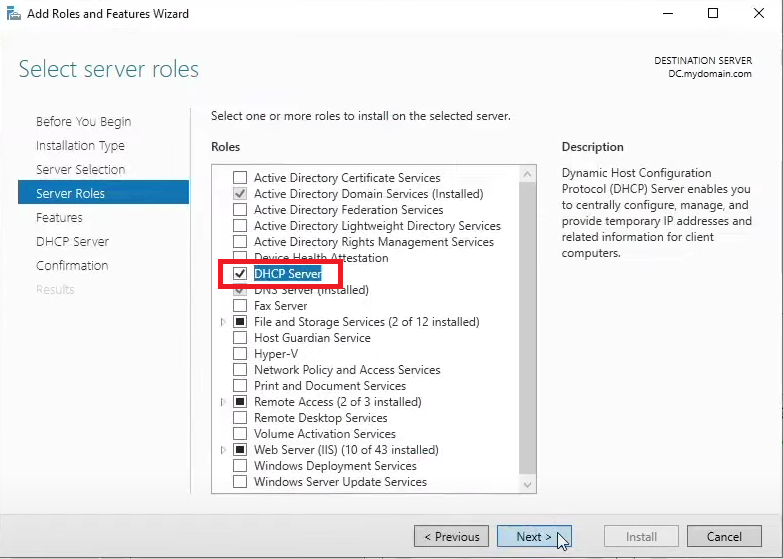 Selecting DHCP Service.