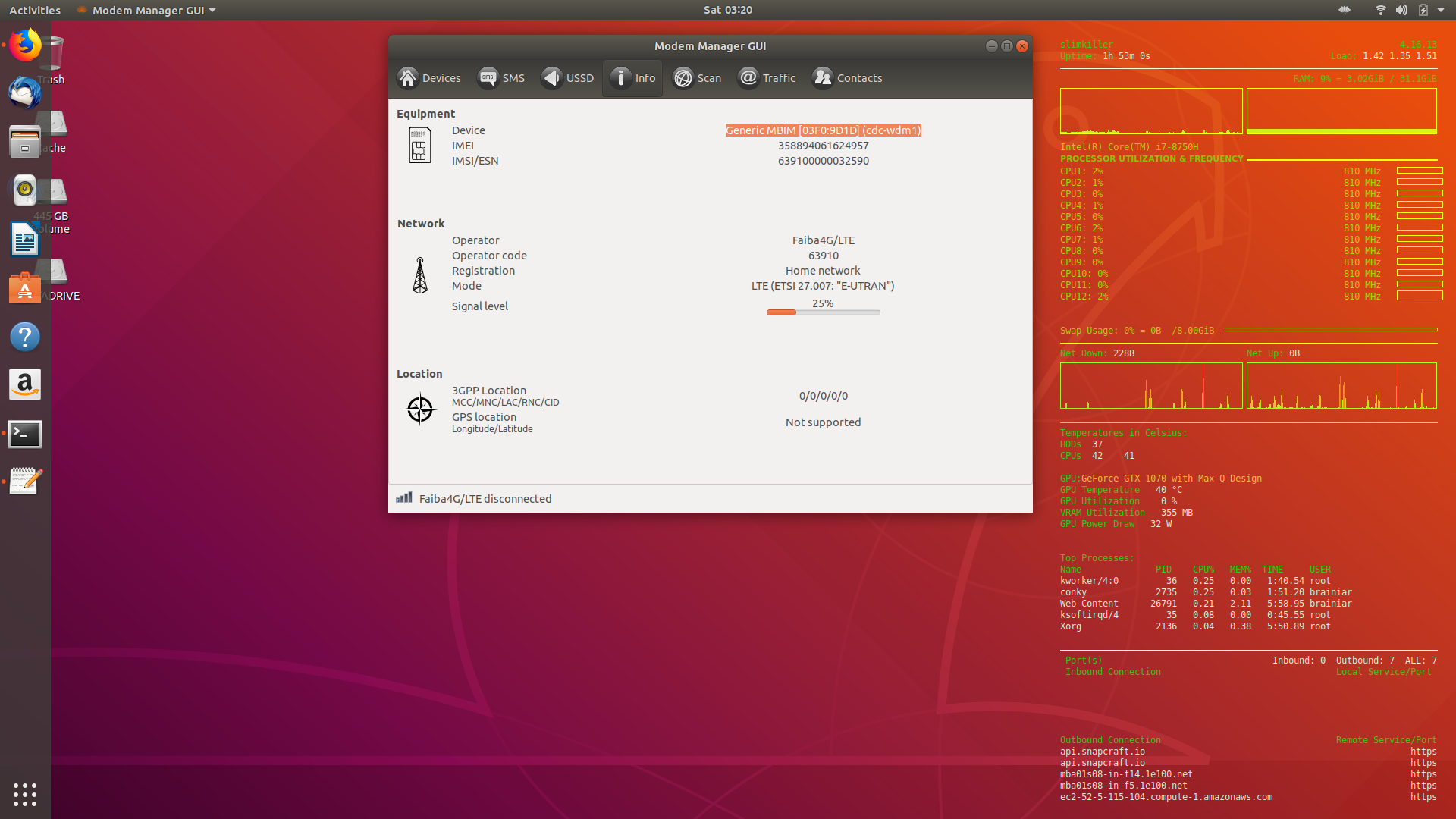 Modem manager can show you the status of the LTE module, including signal strength and connection state, including statistics on throughput and location data, if supported. The libqmi implementation for this device doesn't expose GNSS sensor data, so its shown as unsupported. 