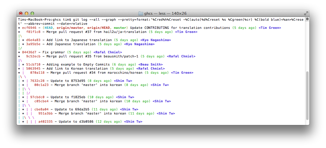 git log --all --graph --pretty=format:'%Cred%h%Creset -%C(auto)%d%Creset %s %Cgreen(%cr) %C(bold blue)<%an>%Creset' --abbrev-commit --date=relative