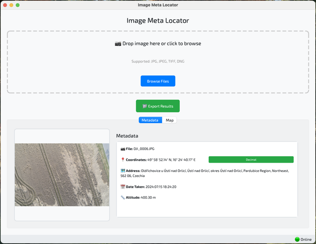 UAV AreaCalc Image Meta Locator Interface
