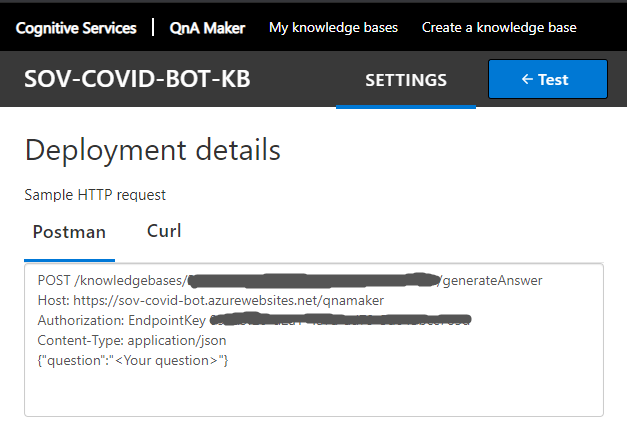 QnA Maker > KB > Settings > Deployment Details