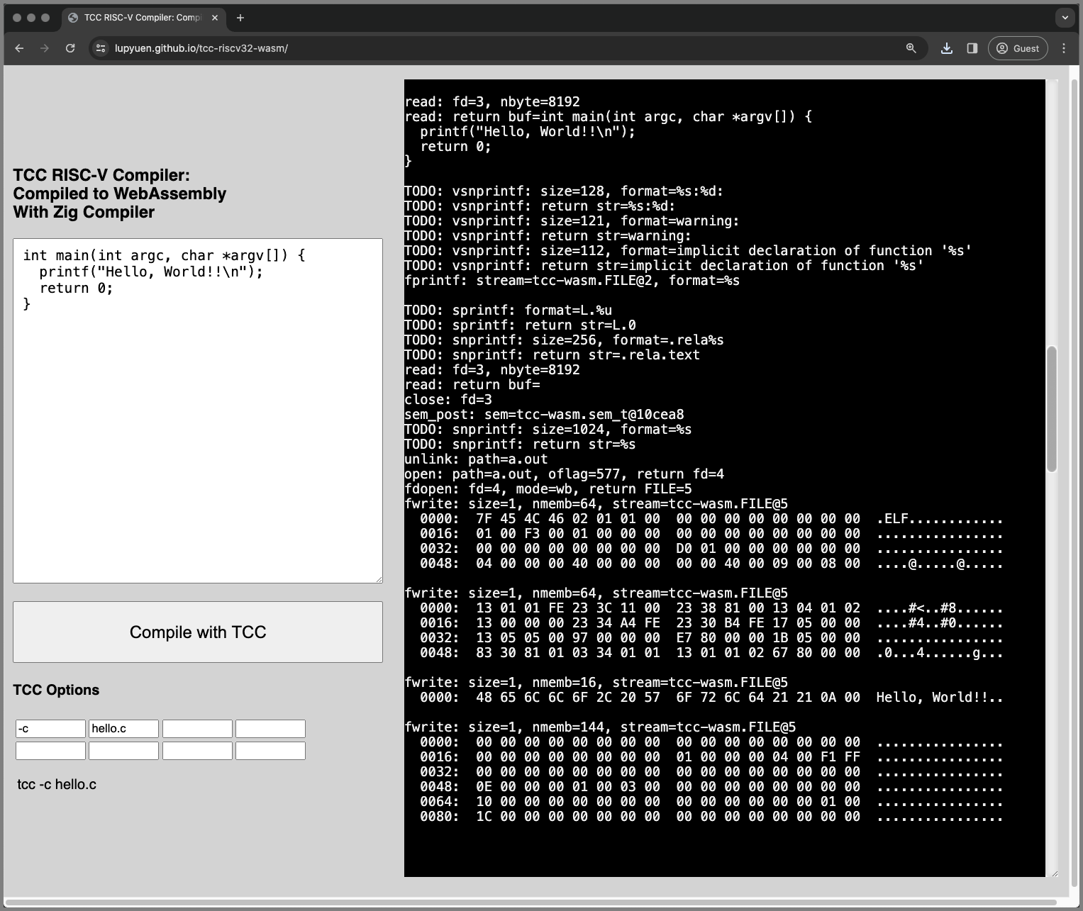 TCC RISC-V Compiler: Compiled to WebAssembly with Zig Compiler