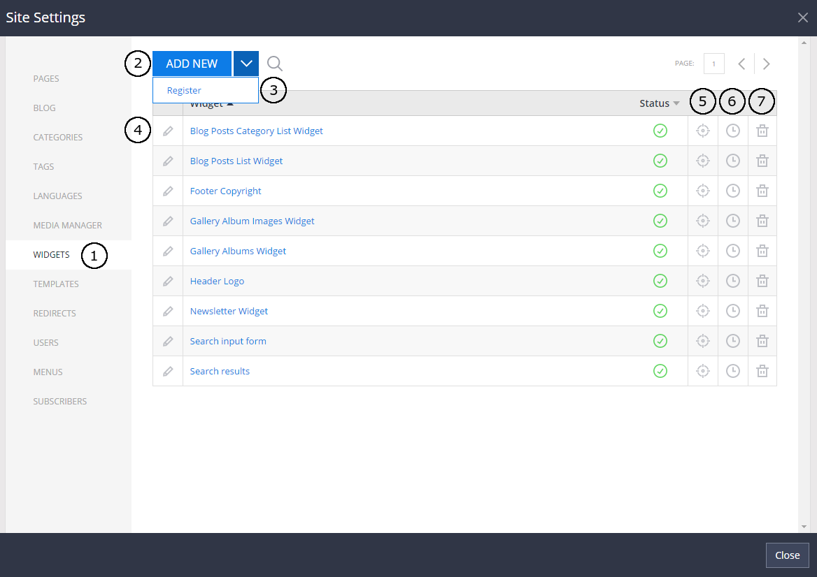 Site Settings - Widgets