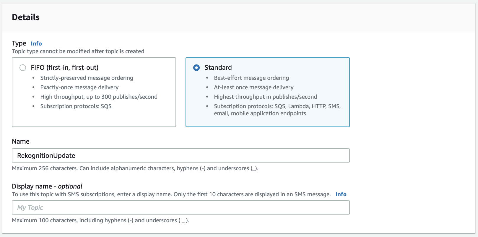 AWS SNS Topic Creation Screenshot