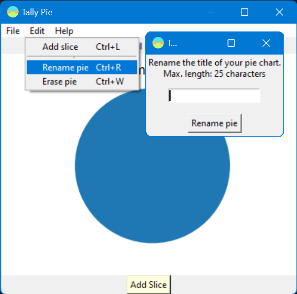 Screenshot of Tally Pie's UI with the Edit menu expanded, the Rename pie menu item highlighted, and the pie chart renaming dialogue box open