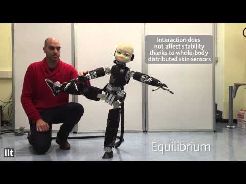 iCub balancing on one foot via external force control and interacting with humans