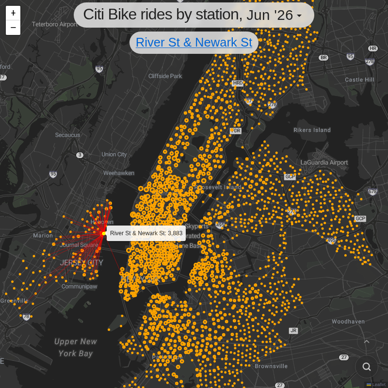 Map of Citi Bike stations, Hoboken NJ Transit Terminal selected, showing destinations for rides beginning there