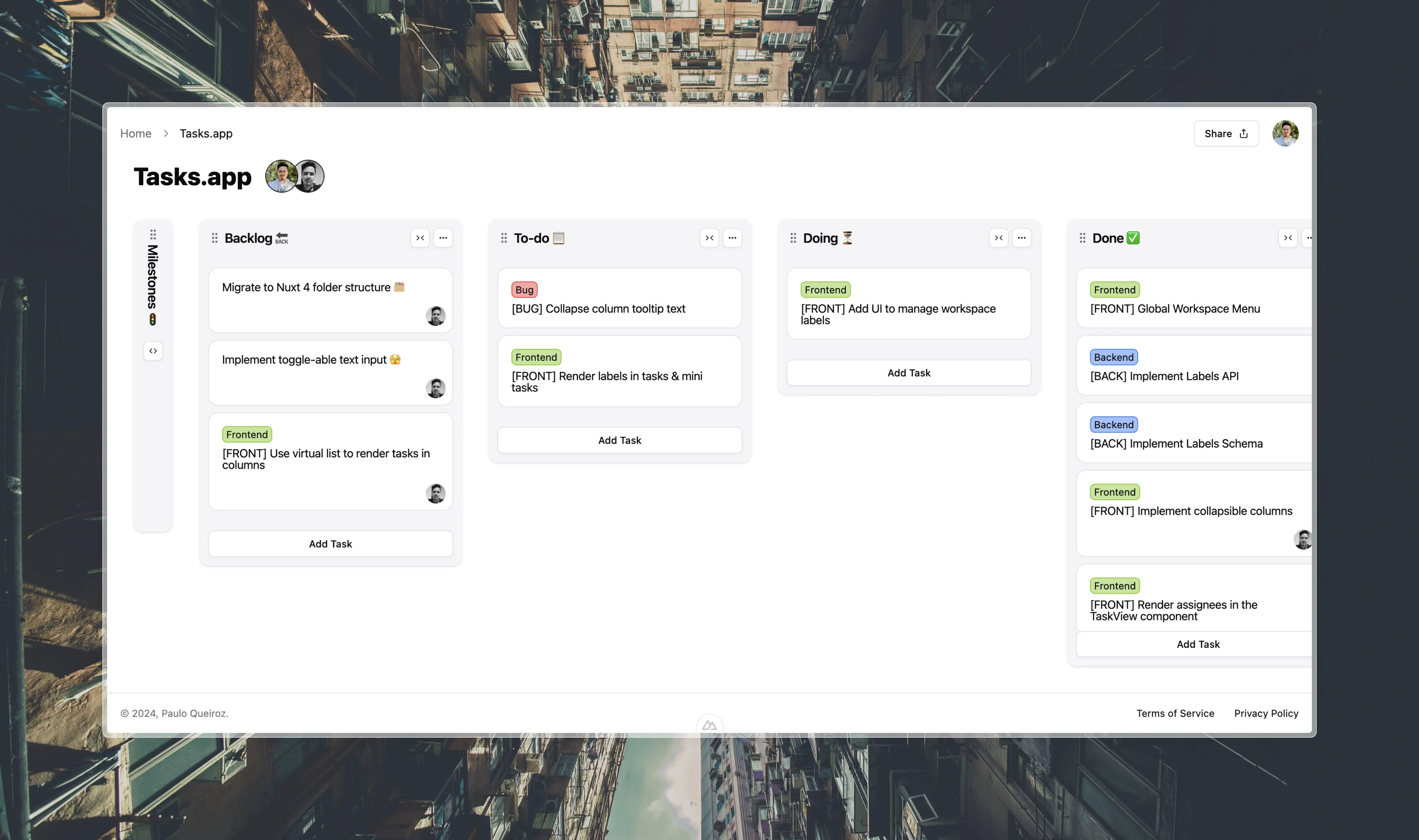 Screenshot of the app's workspace view, featuring two columns with a few tasks, and a third, placeholder column with a button to create a new column