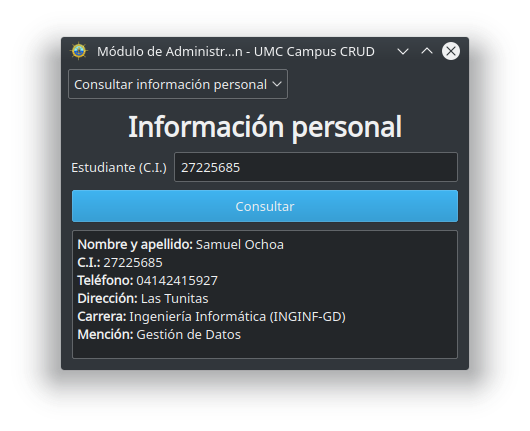 Ventana de consulta de información personal de estudiantes