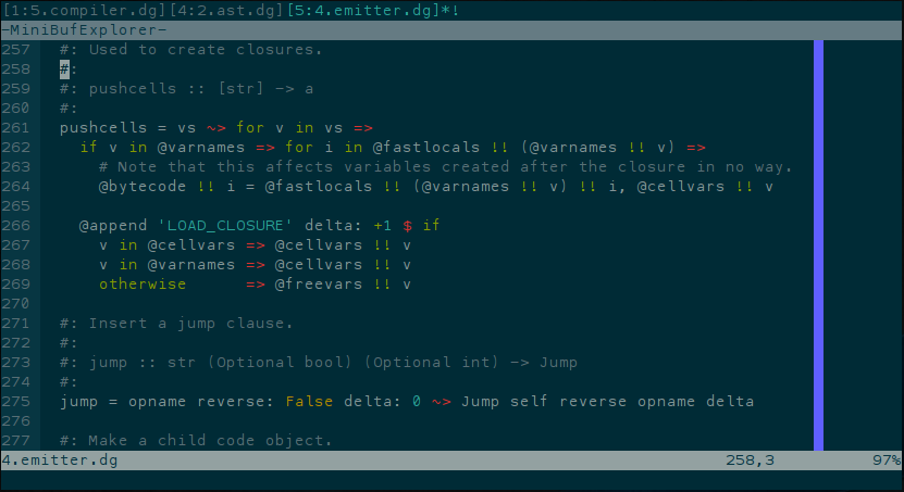 Syntax highlighting for dg with the Solarized Dark colorscheme.