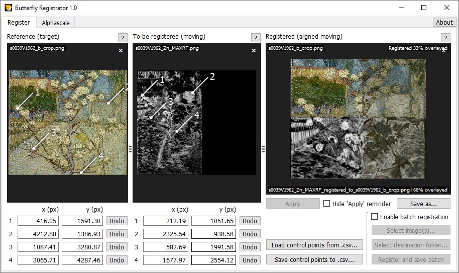 Screenshot of the Butterfly Registrator showing control points on a reference image and moving image, with the registered result previewed in a sliding overlay.