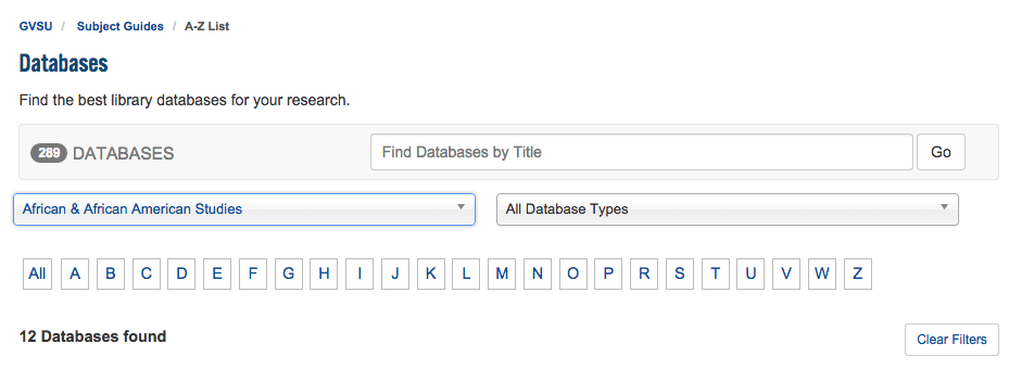 Default Libguides A-Z filters, one selected
