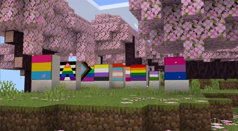 Many Pridepack paintings in a cherry grove biome.